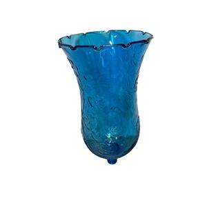 Vtg Italian Empoli Aqua Blue Floral Glass Hurricane Top No Base embossed